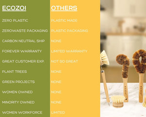 Ecozoi - Eco-friendly, Six-piece 100% plant-based kitchen & vegetable cleaning brush set with bamboo handles, Reusable & Compostable