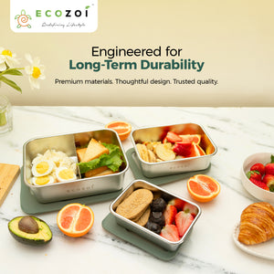 Ecozoi Stainless Steel Bento Box for Kids and Adults, 3 Piece Set, Stackable and Leak Proof, Microwave Safe