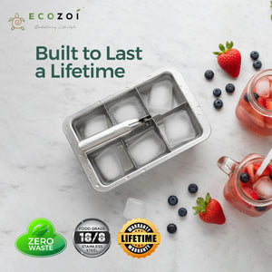 Ecozoi Stainless Steel Ice Trays for Freezer, 12 Large Cubes with Easy Release, 2 Pack