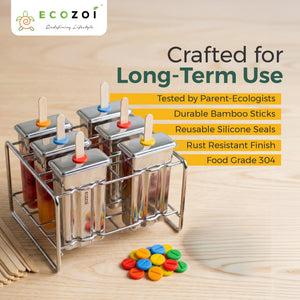Ecozoi Stainless Steel Ice Pop Molds, Square Shape with Reusable Bamboo Sticks