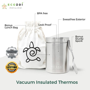 Ecozoi Stainless Steel Thermos Food Jar, Insulated Container with Spork and Lunch Bag, 17 oz - Ecozoi