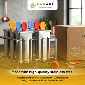 Ecozoi Stainless Steel Ice Pop Molds and Rack, Ice Cream Molds with Reusable Stainless Steel Sticks