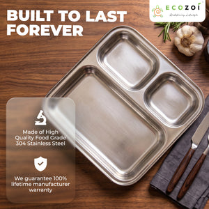 Stainless Steel Dinner Plates, Reusable, 3 Compartments, 2 Pack