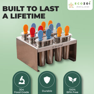 Ecozoi Stainless Steel Popsicle Molds with Sticks, TWIN Round & Reusable, Bamboo, Ice Cream Bars