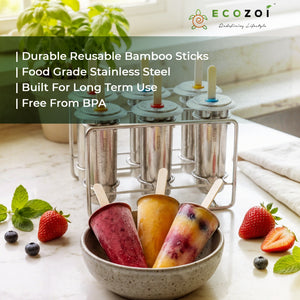 Ecozoi Stainless Steel Popsicle Molds with Sticks, Round & Reusable, Bamboo, Ice Cream Bars