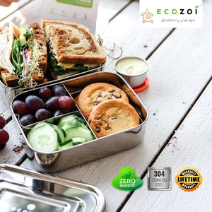 Stainless Steel 2-Tier Leak-Proof Bento Lunch Box, 3 Compartments, 60 oz - Ecozoi