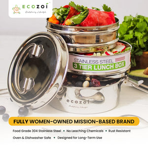 Ecozoi Stainless Steel Lunch Box for School and Office, 3 Tier Round with Spork, Leakproof, 40 Oz