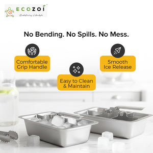 Ecozoi Stainless Steel Ice Trays for Freezer, 12 Large Cubes with Easy Release, 2 Pack