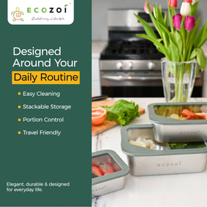 Ecozoi Stainless Steel Bento Box for Kids and Adults, 3 Piece Set, Stackable and Leak Proof, Microwave Safe