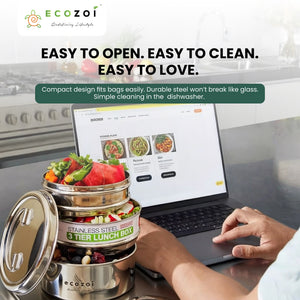 Ecozoi Stainless Steel Lunch Box for School and Office, 3 Tier Round with Spork, Leakproof, 40 Oz