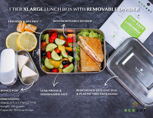 Ecozoi - Eco-friendly, Extra-long 1-tier stainless steel leak-proof lunch box, red silicone seal, 50 oz, removable divider.