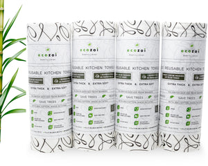 Ecozoi - Eco-friendly, 4 rolls of reusable bamboo kitchen towels with black leaf-style print, tree-free & washable