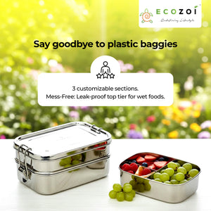 Stainless Steel 2-Tier Leak-Proof Bento Lunch Box, 3 Compartments, 60 oz - Ecozoi
