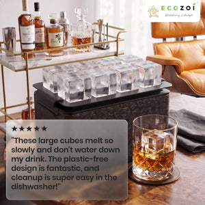 Ecozoi Clear Ice Cube Maker – Stainless Steel & Silicone Tray for 8 Large 2-Inch Whiskey Ice Cubes
