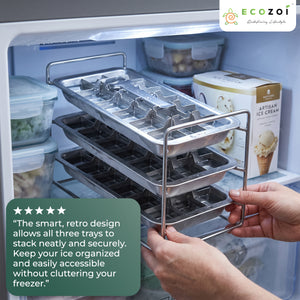 Ecozoi Old Fashioned Ice Cube Trays with Easy Release Handle, 3 Pack with Rack, Stainless Steel - Ecozoi