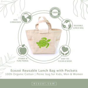 Ecozoi - eco-friendly, 100% GOTS-certified organic cotton lunch bag, side pockets, sturdy handles, reusable, machine washable