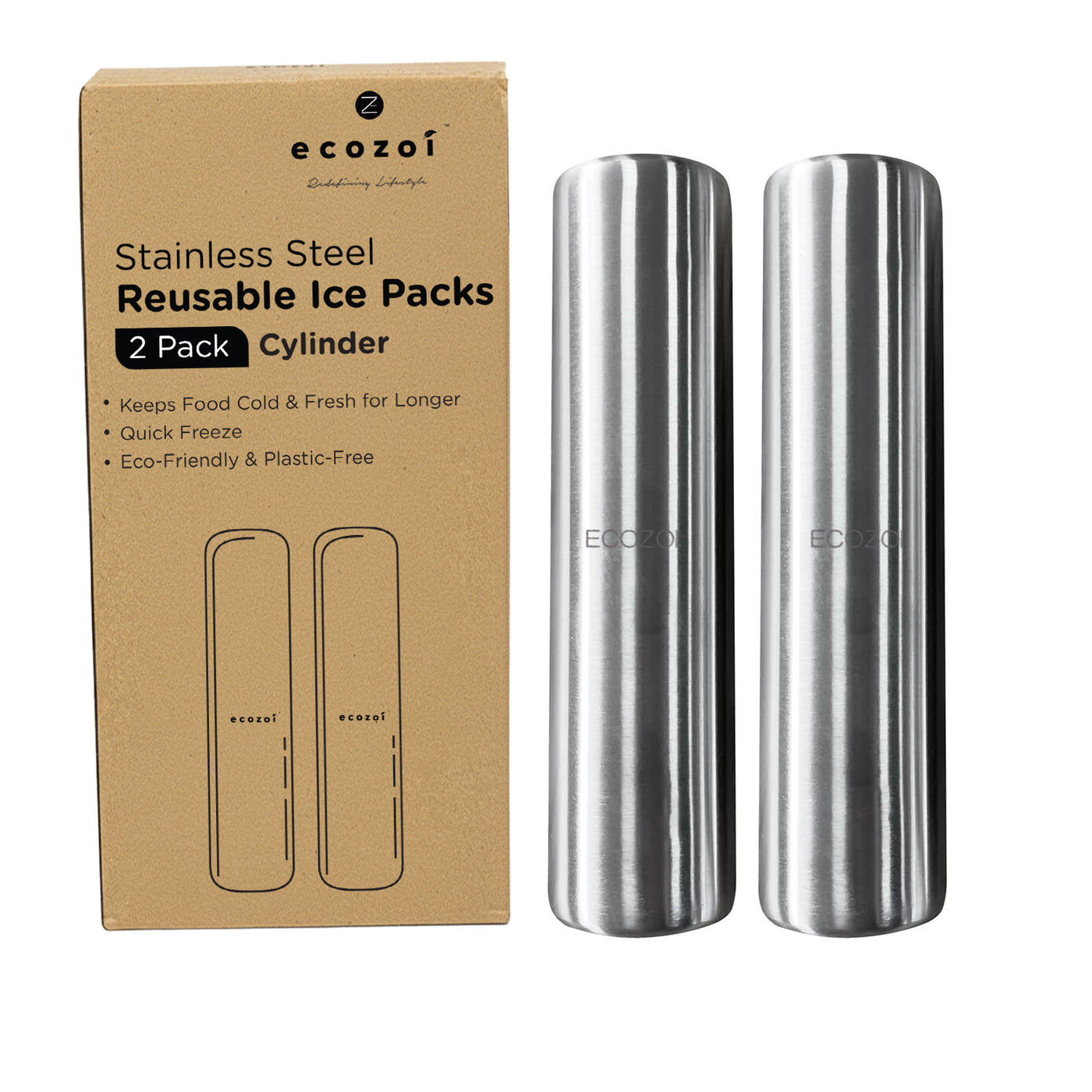 Stainless Steel Ice Packs For Lunch Bags and Coolers, 2 Pack Cylinder Shape