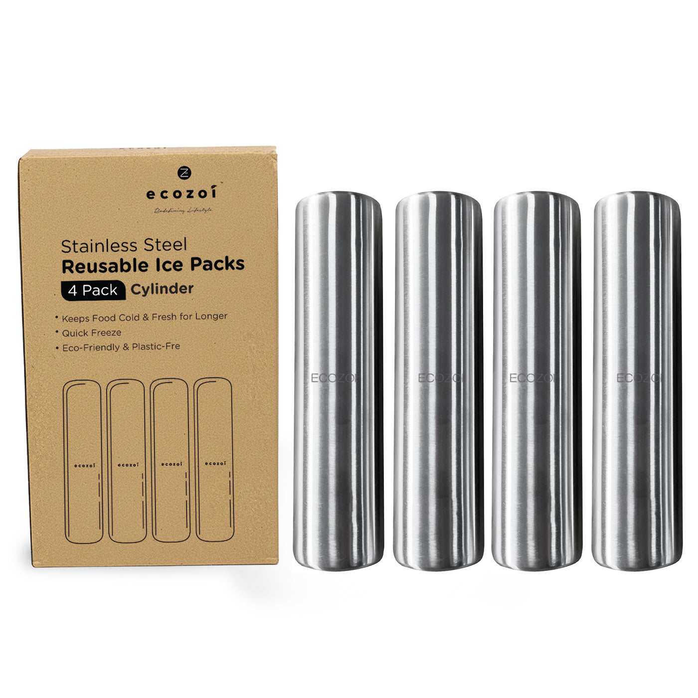 Stainless Steel Ice Packs For Lunch Bags and Coolers, 4 Pack Cylinder Shape