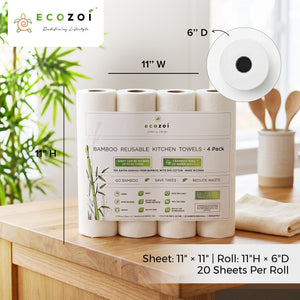 Ecozoi Bamboo Kitchen Paper, Reusable Paper Towels & Rolls, Tree-Free, 4-Pack