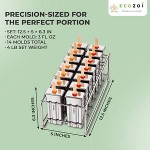 Ecozoi Stainless Steel Popsicle Molds, 14 Piece Set with Standing Rack, 50 Bamboo Sticks, 28 Silicone Seals, Cleaning Brush, 3 Ounce