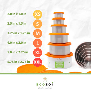 Ecozoi - Eco-friendly, Stainless steel 6-piece lunch container set, leak-proof silicone lids, 78 oz, dishwasher safe.