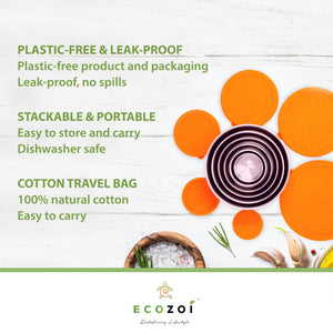 Ecozoi - Eco-friendly, Stainless steel 6-piece lunch container set, leak-proof silicone lids, 78 oz, dishwasher safe.