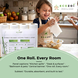 Ecozoi Bamboo Kitchen Paper, Reusable Paper Towels & Rolls, Tree-Free, 4-Pack