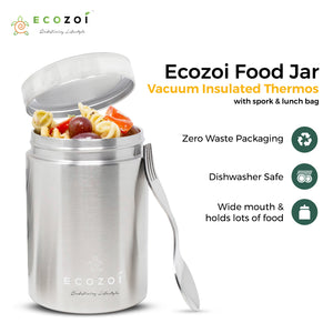 Ecozoi Stainless Steel Thermos Food Jar, Insulated Container with Spork and Lunch Bag, 17 oz - Ecozoi