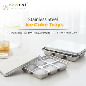 Ecozoi Stainless Steel Ice Trays for Freezer, Rectangular Shape 12 Large Cubes with Lid, 2 Pack - Ecozoi