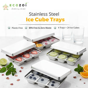 Stainless Steel Ice Cube Trays, with Lids, 4 Pack, 24 Large Ice Cubes - Ecozoi