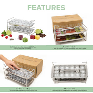 Ecozoi Old Fashioned Ice Cube Trays with Easy Release Handle, 2 Pack with Rack, Stainless Steel
