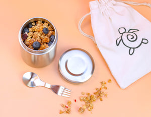 Ecozoi - Eco-friendly, Vacuum-insulated 17 oz stainless steel food jar with leak-proof lid, spork & canvas lunch bag