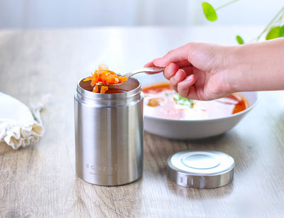 Ecozoi - Eco-friendly, Vacuum-insulated 17 oz stainless steel food jar with leak-proof lid, spork & canvas lunch bag