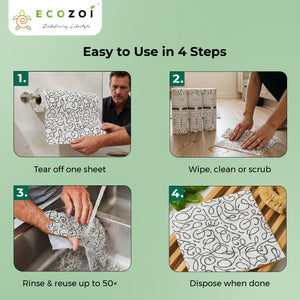 Bamboo Kitchen Paper Towels, Reusable Tree-Free Rolls with Black Design, 4 Pack - Ecozoi