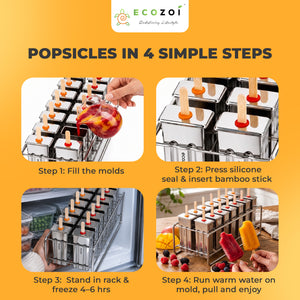 Ecozoi Stainless Steel Popsicle Molds, 14 Piece Set with Standing Rack, 50 Bamboo Sticks, 28 Silicone Seals, Cleaning Brush, 3 Ounce