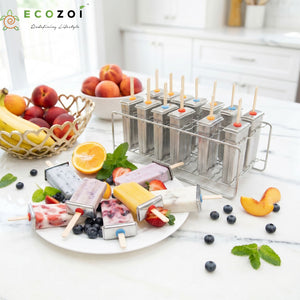 Ecozoi Stainless Steel Popsicle Molds, 14 Piece Set with Standing Rack, 50 Bamboo Sticks, 28 Silicone Seals, Cleaning Brush, 3 Ounce