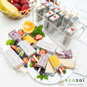Ecozoi Stainless Steel Popsicle Molds, 14 Piece Set with Standing Rack, 50 Bamboo Sticks, 28 Silicone Seals, Cleaning Brush, 3 Ounce
