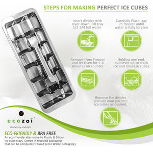 Ecozoi - Eco-friendly, Stainless Steel Ice Cube Tray with easy-release handle, Plastic & BPA Free, Dishwasher Safe, 18 cubes