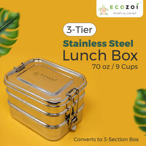Ecozoi Stainless Steel Bento Lunch Box for Kids and Adults, 3 Compartment, 3 Tier Leak Proof, 75 oz - Ecozoi