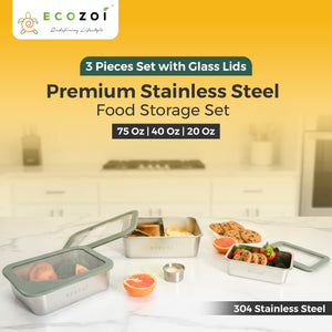 Ecozoi Stainless Steel Bento Box for Kids and Adults, 3 Piece Set, Stackable and Leak Proof, Microwave Safe