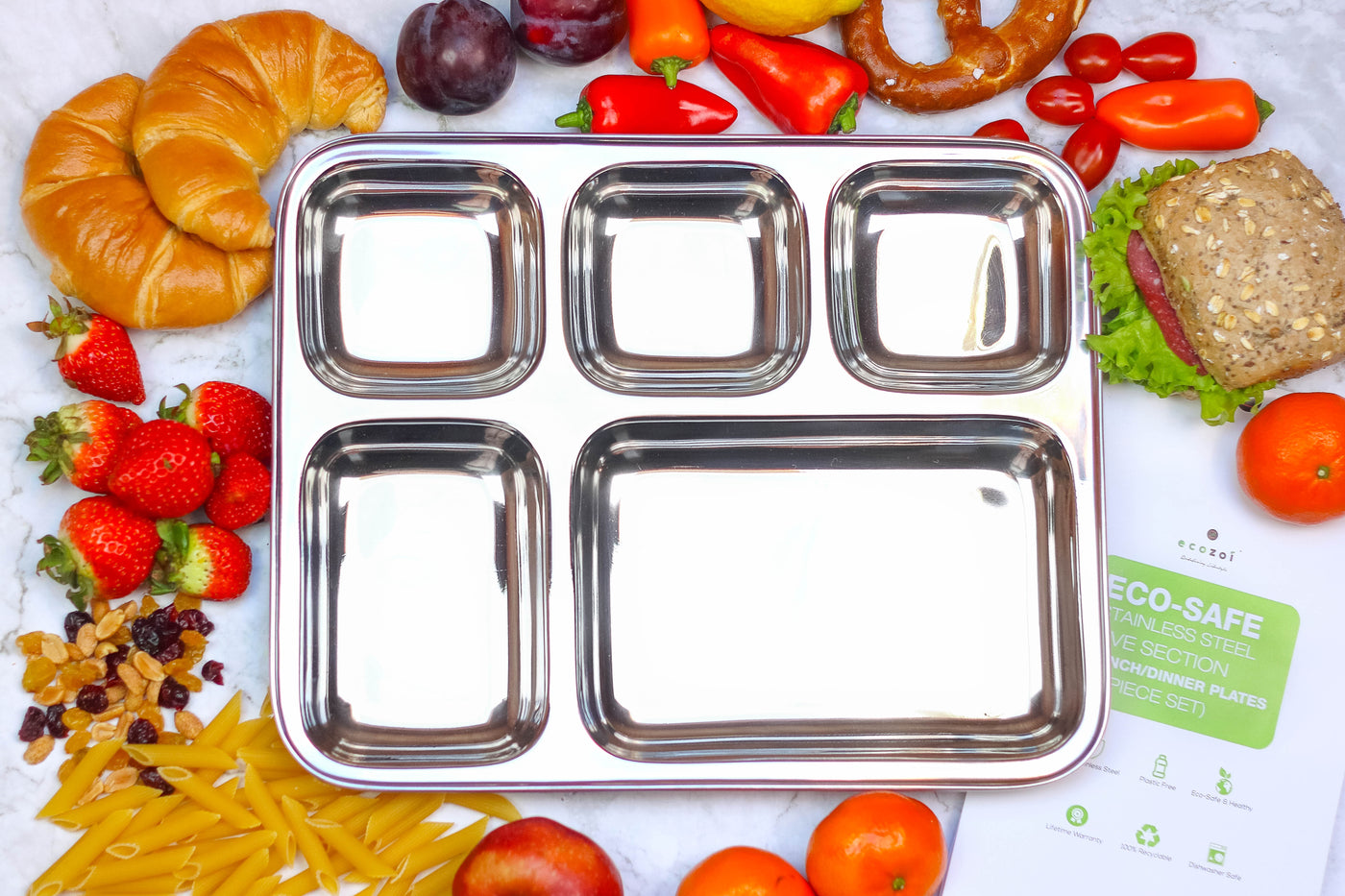 Stainless Steel Dinner Plates, Reusable, 5 Compartments, 2 Pack