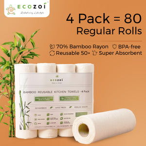 Ecozoi Bamboo Kitchen Paper, Reusable Paper Towels & Rolls, Tree-Free, 4-Pack
