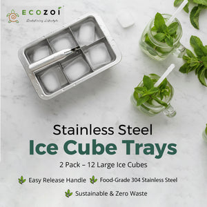 Ecozoi Stainless Steel Ice Trays for Freezer, 12 Large Cubes with Easy Release, 2 Pack