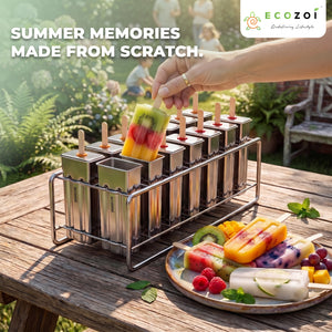Ecozoi Stainless Steel Popsicle Molds, 14 Piece Set with Standing Rack, 50 Bamboo Sticks, 28 Silicone Seals, Cleaning Brush, 3 Ounce