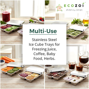 Ecozoi Stainless Steel Ice Trays for Freezer, Rectangular Shape 12 Large Cubes with Lid, 2 Pack - Ecozoi