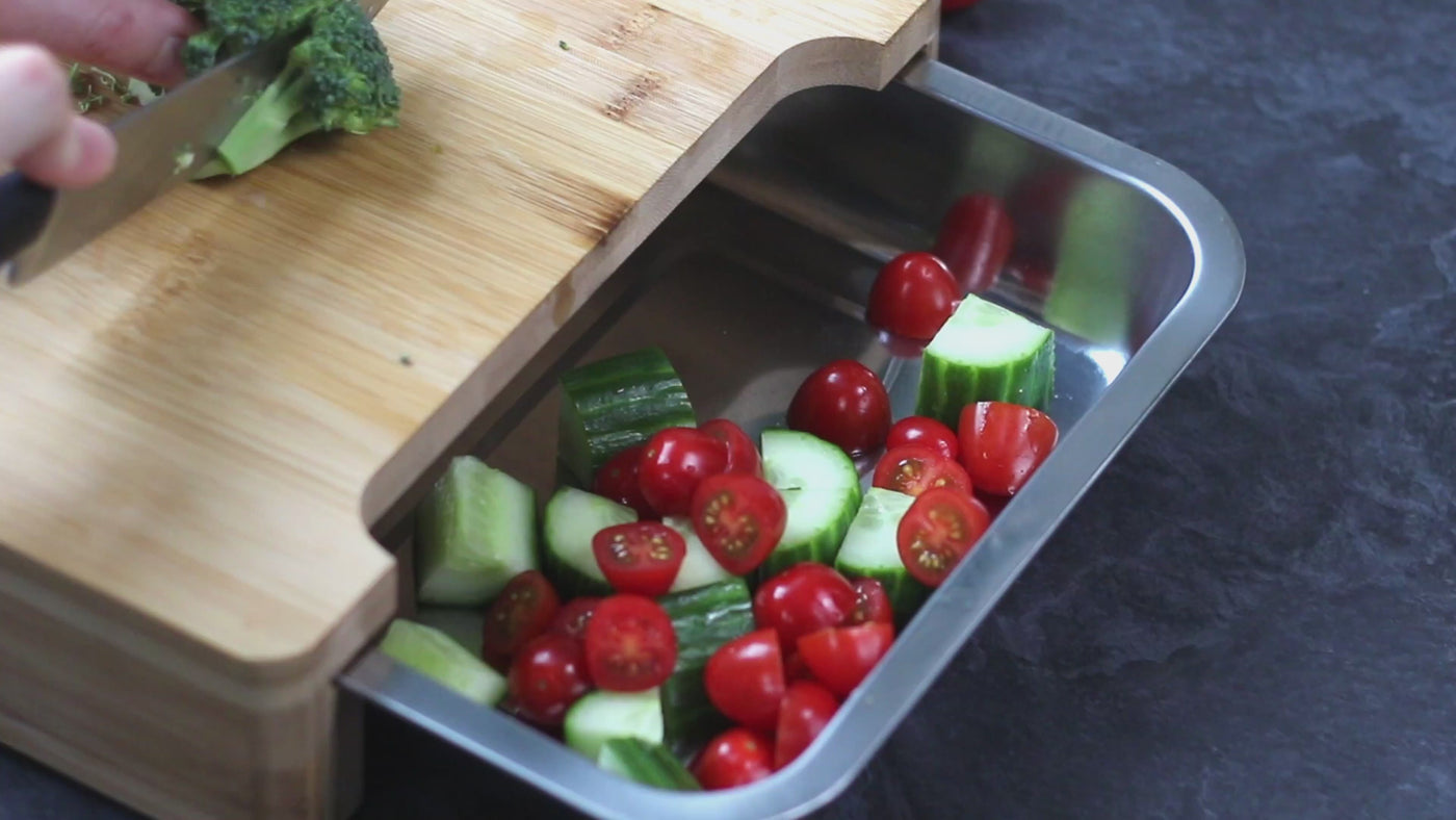 Ecozoi Wooden Cutting Boards for Kitchen, Bamboo Cutting Board with 2 Organizing Stainless Steel Trays, Beige