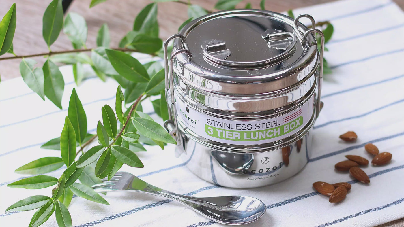 Ecozoi Stainless Steel Lunch Box for School and Office, 3 Tier Round with Spork, Leakproof, 40 Oz