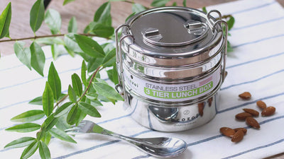 Ecozoi Stainless Steel Lunch Box for School and Office, 3 Tier Round with Spork, Leakproof, 40 Oz