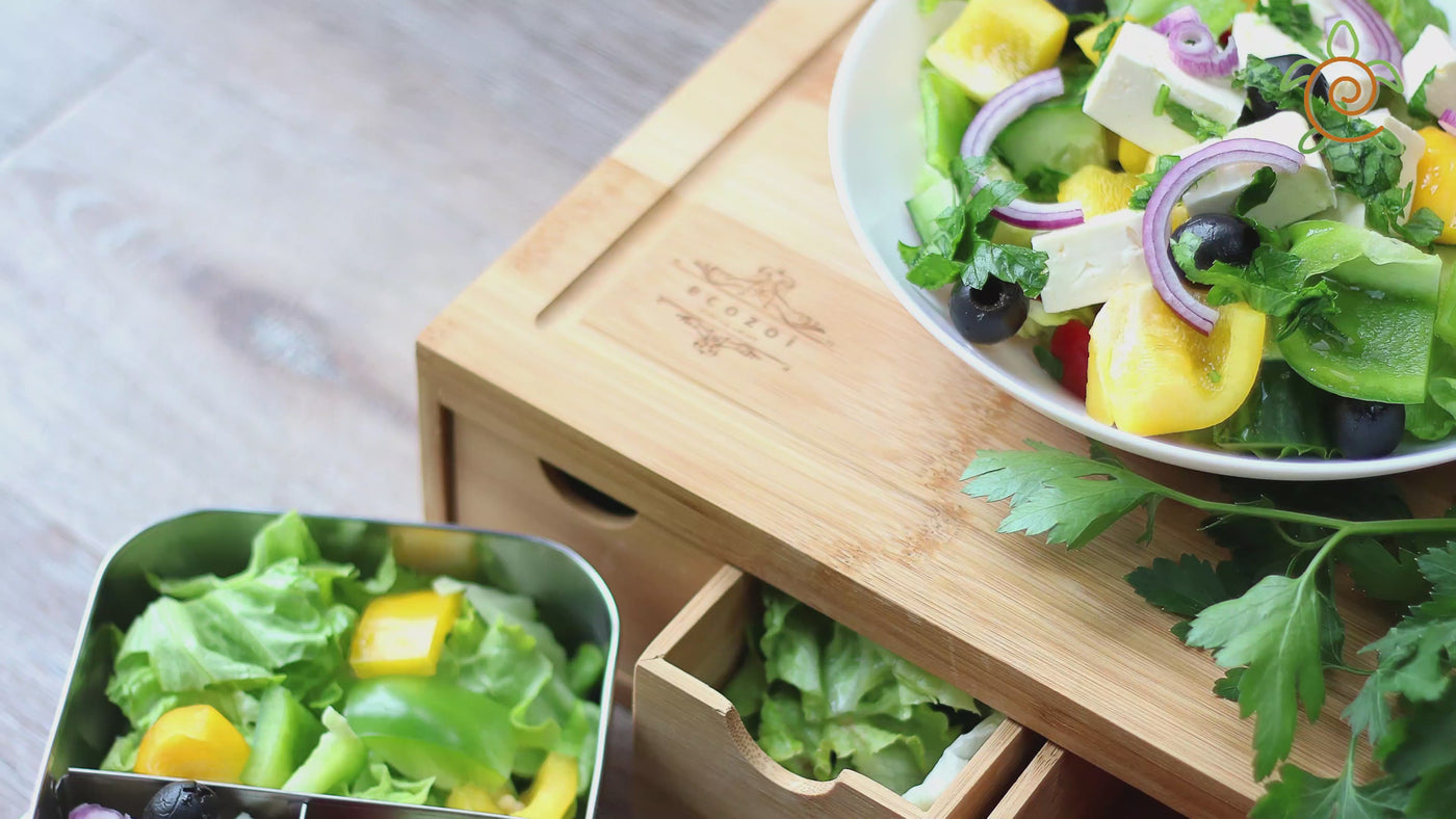 Bamboo Cutting Board with 4 Organizing Trays and 2 Graters