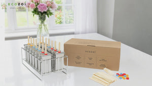 Ecozoi Stainless Steel Popsicle Molds, 14 Piece Set with Standing Rack, 50 Bamboo Sticks, 28 Silicone Seals, Cleaning Brush, 3 Ounce